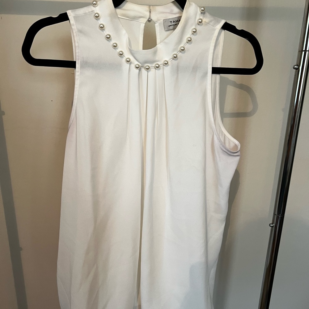 Tahari sleeveless blouse with pearl neck detail
